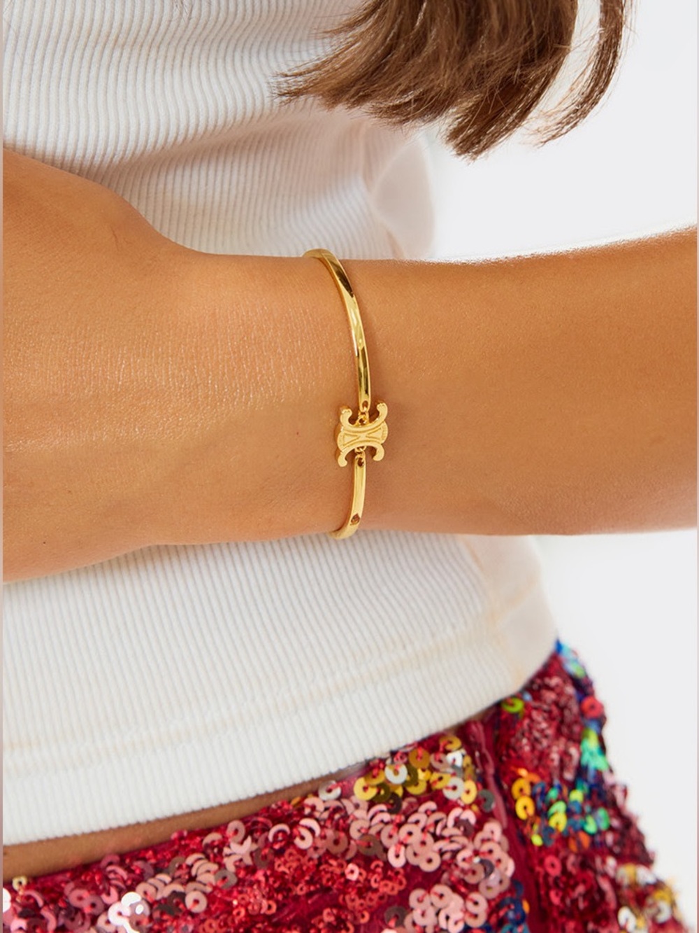 Gold-tone Women's Hinged Bracelet with Center Motif